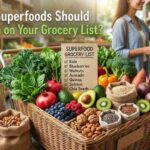 Top 12 superfoods shopping checklist featuring blueberries, kale, salmon, avocado, walnuts, garlic, oats, green tea, and other nutrient-rich foods.