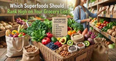 Top 12 superfoods shopping checklist featuring blueberries, kale, salmon, avocado, walnuts, garlic, oats, green tea, and other nutrient-rich foods.