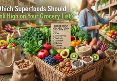 Top 12 superfoods shopping checklist featuring blueberries, kale, salmon, avocado, walnuts, garlic, oats, green tea, and other nutrient-rich foods.