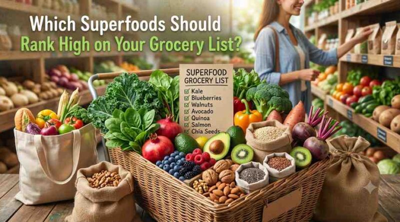 Top 12 superfoods shopping checklist featuring blueberries, kale, salmon, avocado, walnuts, garlic, oats, green tea, and other nutrient-rich foods.