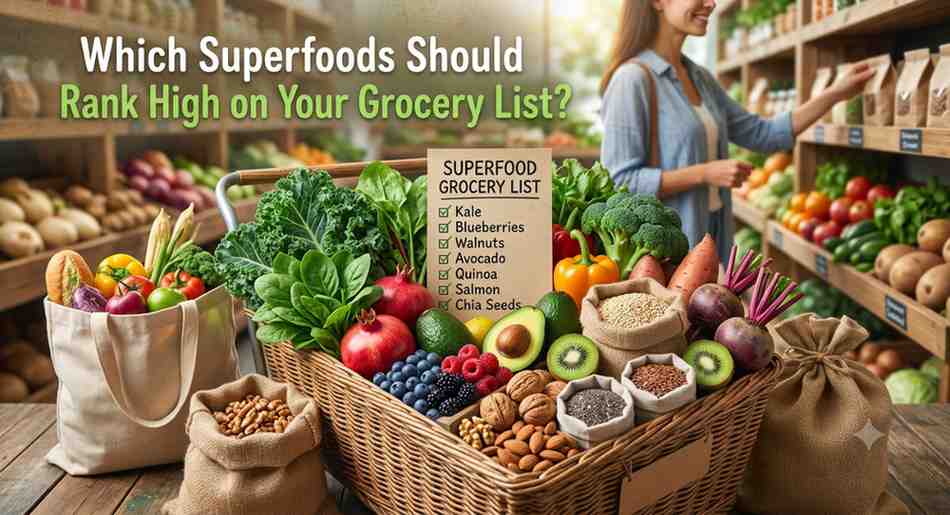 Top 12 superfoods shopping checklist featuring blueberries, kale, salmon, avocado, walnuts, garlic, oats, green tea, and other nutrient-rich foods.