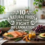 A vibrant arrangement of anti-inflammatory foods including salmon, berries, turmeric, spinach, and avocados on a wooden table.