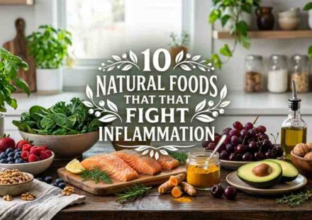 A vibrant arrangement of anti-inflammatory foods including salmon, berries, turmeric, spinach, and avocados on a wooden table.