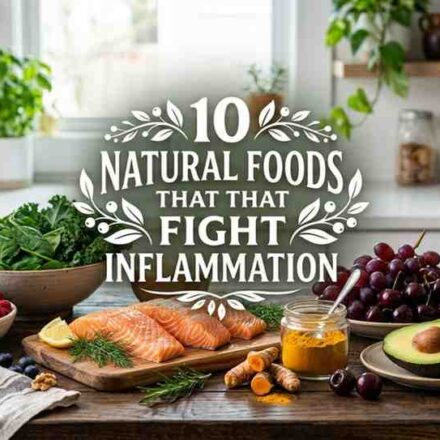 A vibrant arrangement of anti-inflammatory foods including salmon, berries, turmeric, spinach, and avocados on a wooden table.