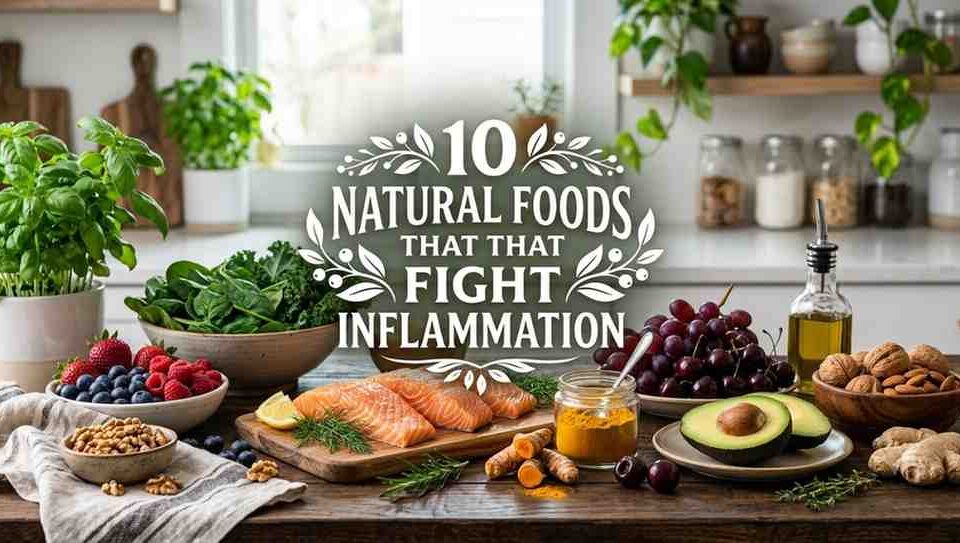 A vibrant arrangement of anti-inflammatory foods including salmon, berries, turmeric, spinach, and avocados on a wooden table.