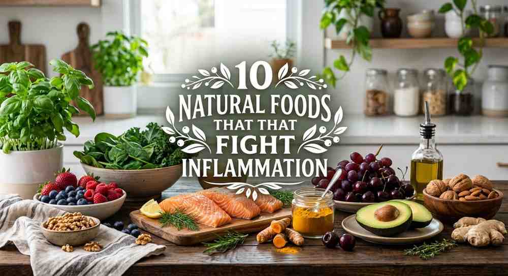 A vibrant arrangement of anti-inflammatory foods including salmon, berries, turmeric, spinach, and avocados on a wooden table.
