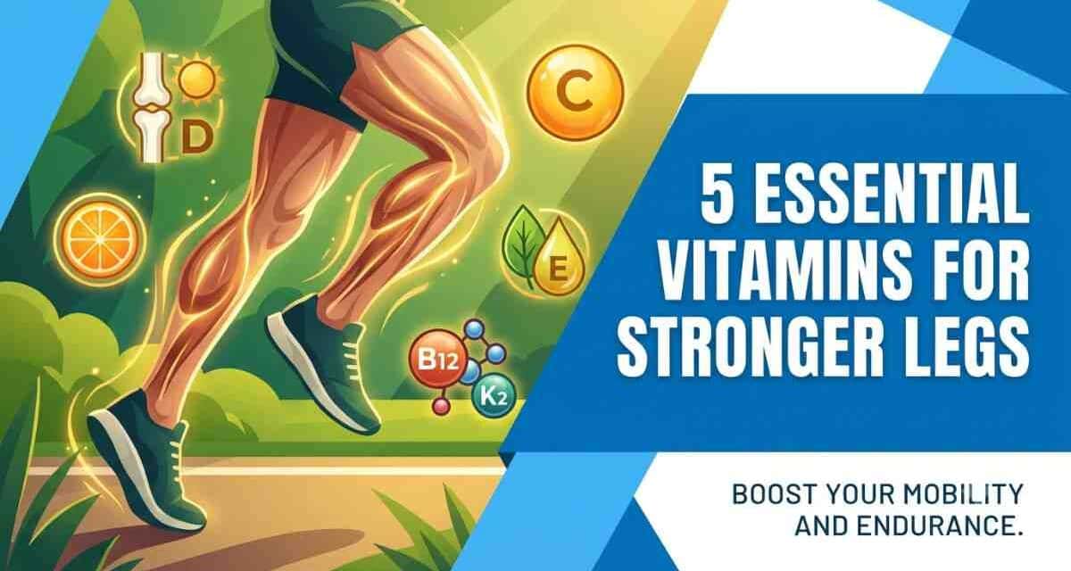 A modern illustration showing strong, glowing athletic legs running. The title reads '5 Essential Vitamins for Stronger Legs' with icons for vitamins D, C, E, B12, and K2.