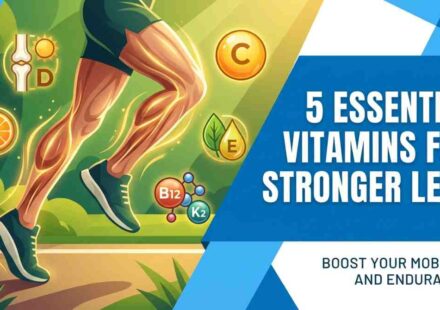 A modern illustration showing strong, glowing athletic legs running. The title reads '5 Essential Vitamins for Stronger Legs' with icons for vitamins D, C, E, B12, and K2.
