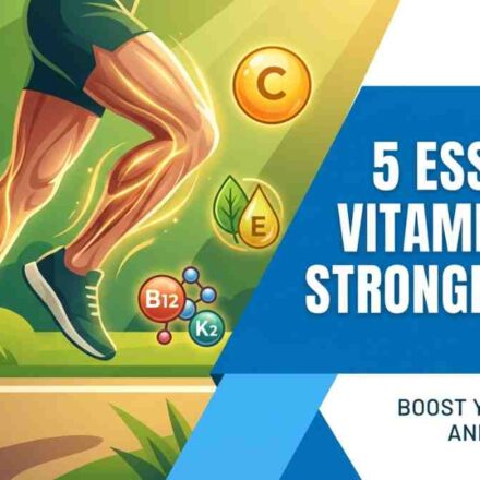 A modern illustration showing strong, glowing athletic legs running. The title reads '5 Essential Vitamins for Stronger Legs' with icons for vitamins D, C, E, B12, and K2.