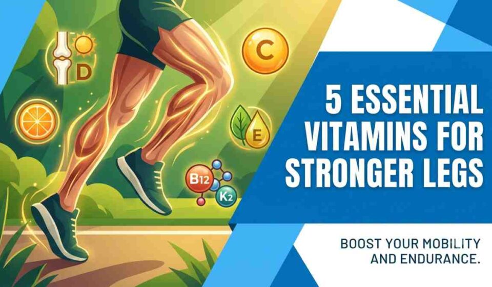 A modern illustration showing strong, glowing athletic legs running. The title reads '5 Essential Vitamins for Stronger Legs' with icons for vitamins D, C, E, B12, and K2.