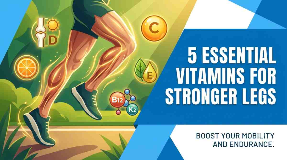 A modern illustration showing strong, glowing athletic legs running. The title reads '5 Essential Vitamins for Stronger Legs' with icons for vitamins D, C, E, B12, and K2.