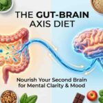 A visual breakdown of the Gut-Brain Axis Diet showing nutrient-dense foods connecting gut microbiome health to brain function.