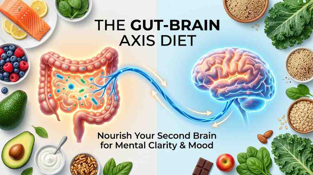 A visual breakdown of the Gut-Brain Axis Diet showing nutrient-dense foods connecting gut microbiome health to brain function.